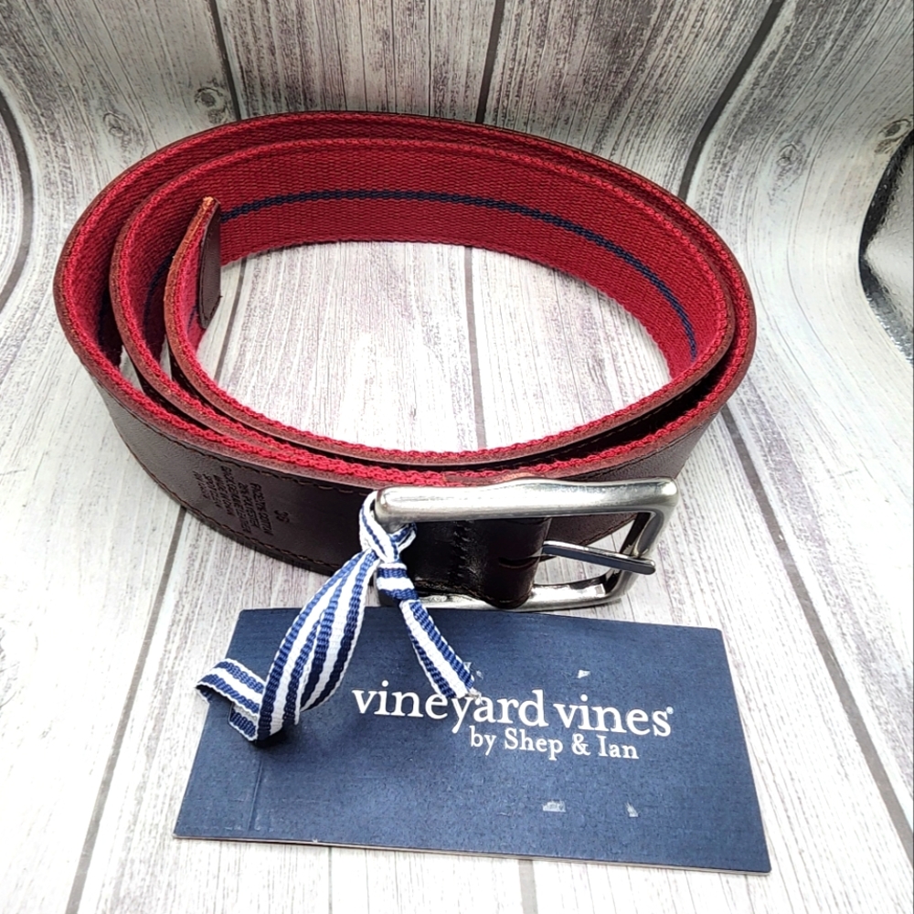 NWT Vineyard Vines Leather and Webbing Reversible Belt  Rosewood Color Size 34